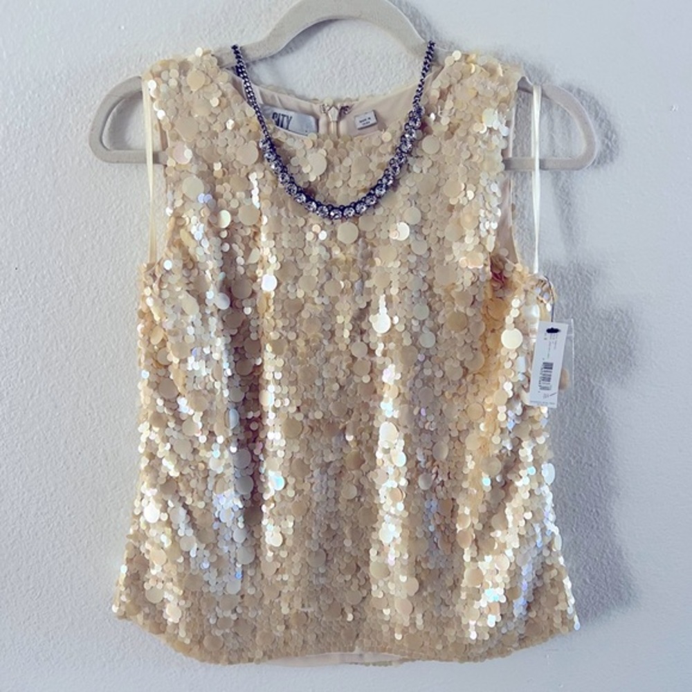 DKNY CITY Sequin Shirt Blouse Top Shirt Pearl White